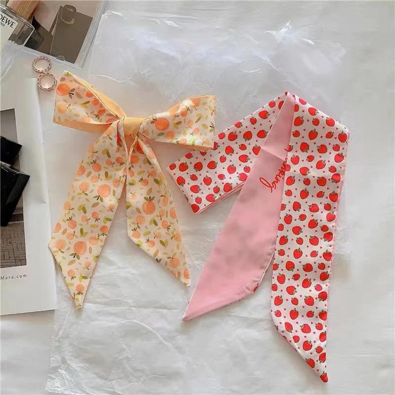 Hair Scarf Fruit Floral Bow Print Colorful Lightweight Soft Satin Ponytail Wrap Tie Braid Headband Women Daily Party Gift