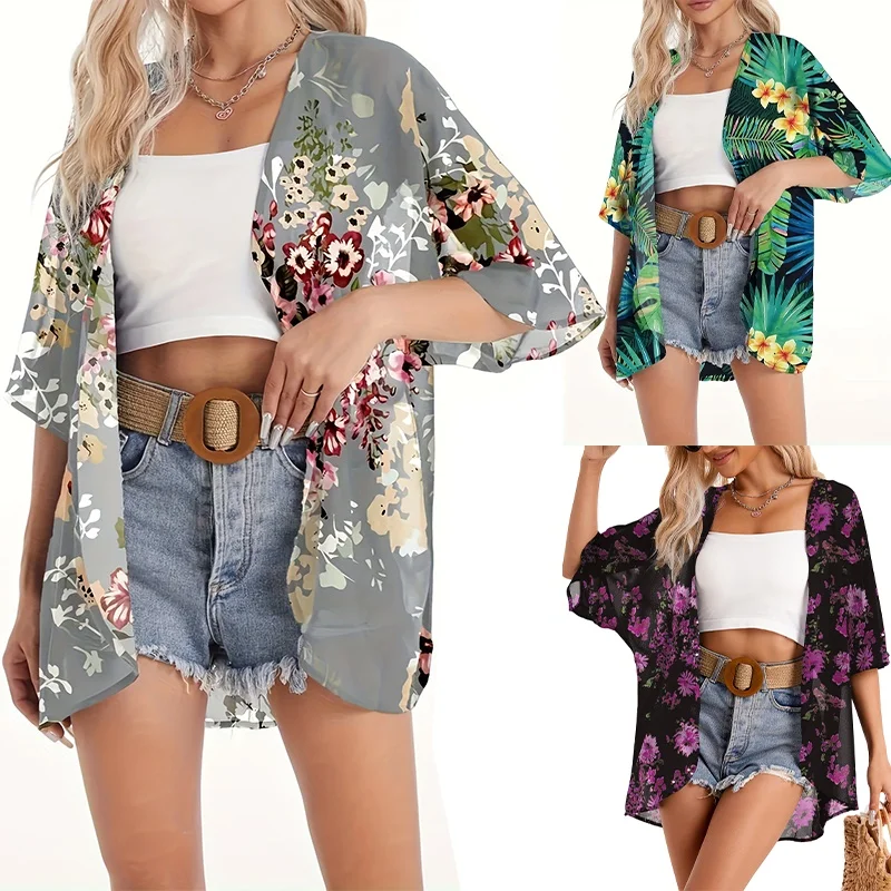 Dames Bloemen 3D Gedrukt Halve mouw Sjaal Chiffon Kimono Strandvest Bikini Cover Wrap Strandkleding UV-bestendige jas Zomer