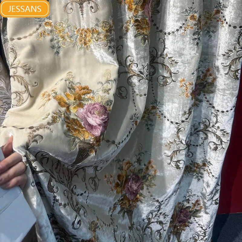 

Retro Green Velvet Embroidery Thickened Curtains for Living Room Bedroom French Window Partition Curtain Villa Customization