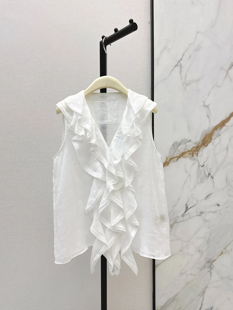 2026ss summer luxury new women's casual high quality ruffles 100% linen tank tops female chic vest camis
