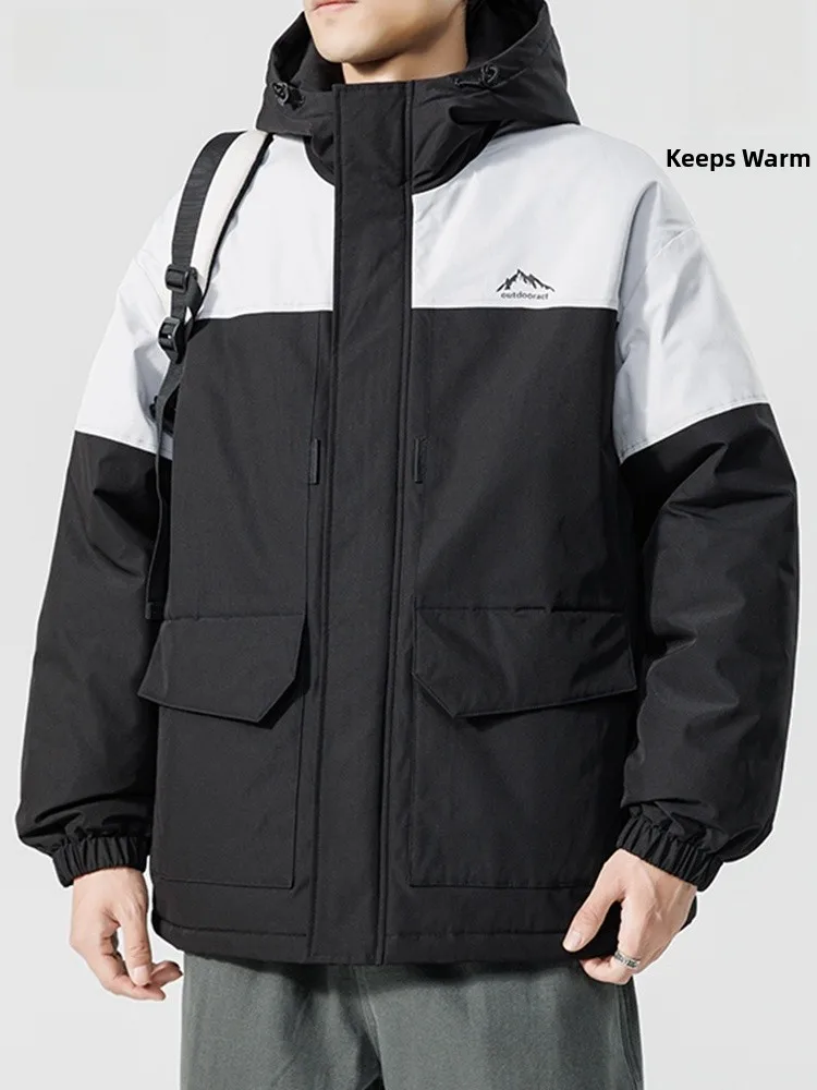 

American Sle Men's Thiened Hooded Jaet Waterproof Winter Casual Outerwear Contrast Color Polyester Filling Long Sve