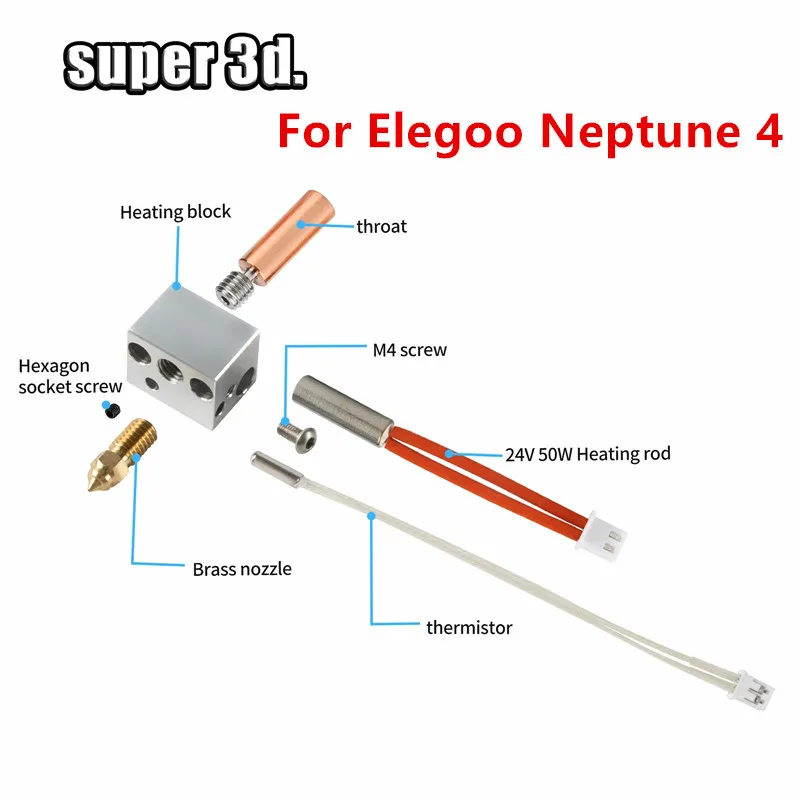 24V 50W Hotend Kit For Elegoo Neptune 4 For 3D Printer Parts Upgraded Heatbreak Heater Block Brass Nozzle Heating Rod Thermistor