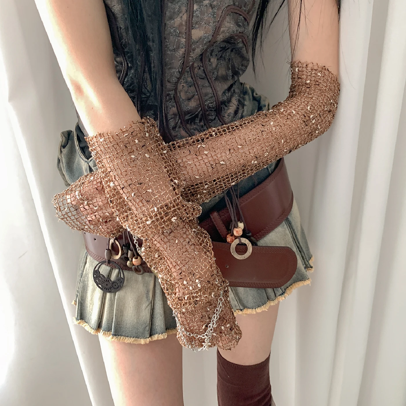 

Уникальный потертый стиль, сетчатые рукава, винтажная цепочка, нарукавник в стиле панк, хип-хоп, косплей Y2K Tide, вуаль на Хэллоуин, рукав