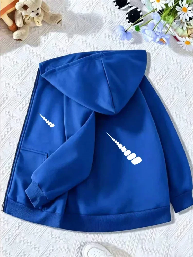 Children Full Zip Hooded Sweatshirt Simple Black And White Meteor Line Pattern Loose Daily Kids Outerwear With Front Pocket