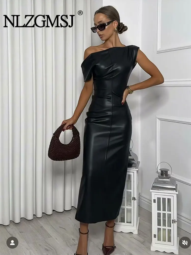 TRAF 2024 Autumn Winter Asymmetric Dress Woman MIDI Slim Fit Faux Leather Dresses Women Dress Casual Dresses