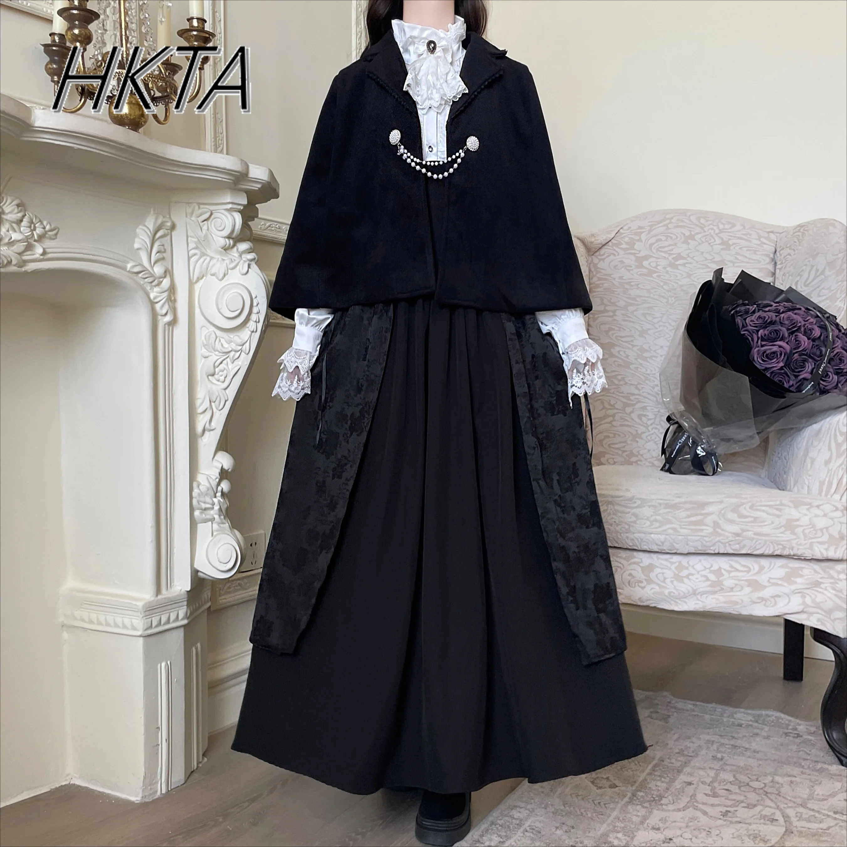 

Autumn Winter Black High Waist Black Skirts White Long Sleeve Shirt Sets Gothic Lolita Sweet Lace-Up A-line Long Skirt Women's