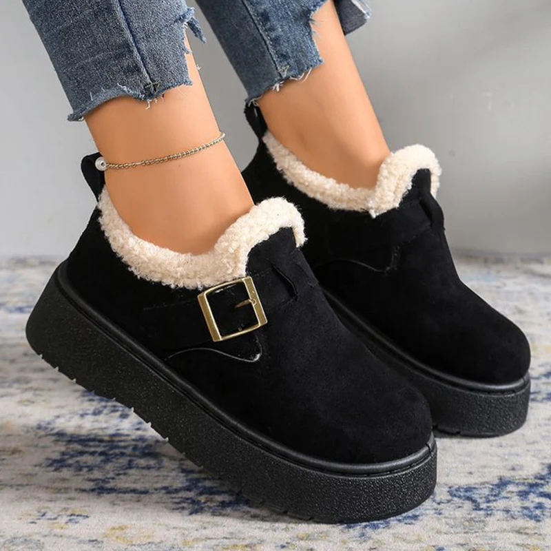 

Korean Buckle Detor Women's Snow Boots Faux Suede Short Plush Winter Boots Women Soft Thick Bottom Warm Ankle Booties Woman