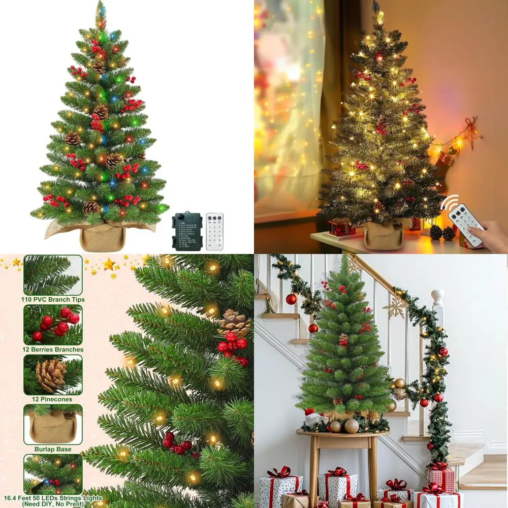 

3 ft Mini Christmas Tree with Remote & Timer, Dual-Color Lights, 50 Tips, Pinecones & Berries, Burlap Base for Home Decor