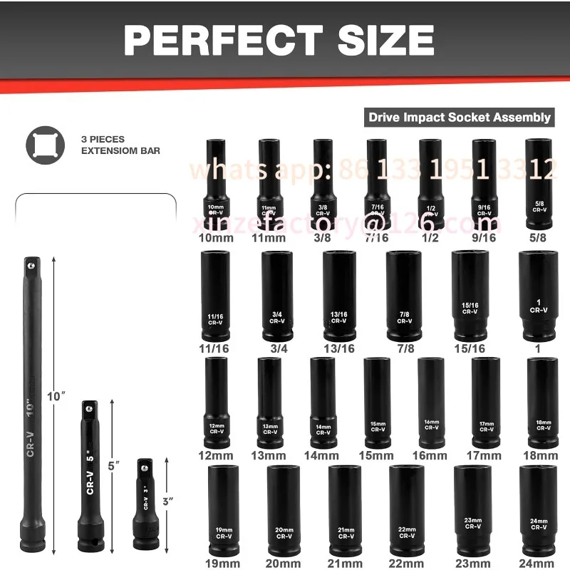 

Customizable 29pcs 1/2" Socket Set, Drive Deep Impact Socket Set, Including 3 ", 5", 10" Impact Extension Bar
