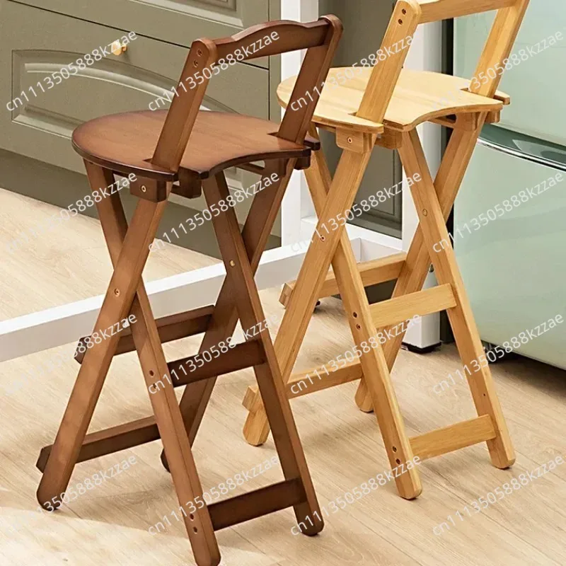 Bamboo Foldable Bar Chair Portable High Counter Stool Space Saving with Backrest Nordic Coffee Shop Dining Furniture