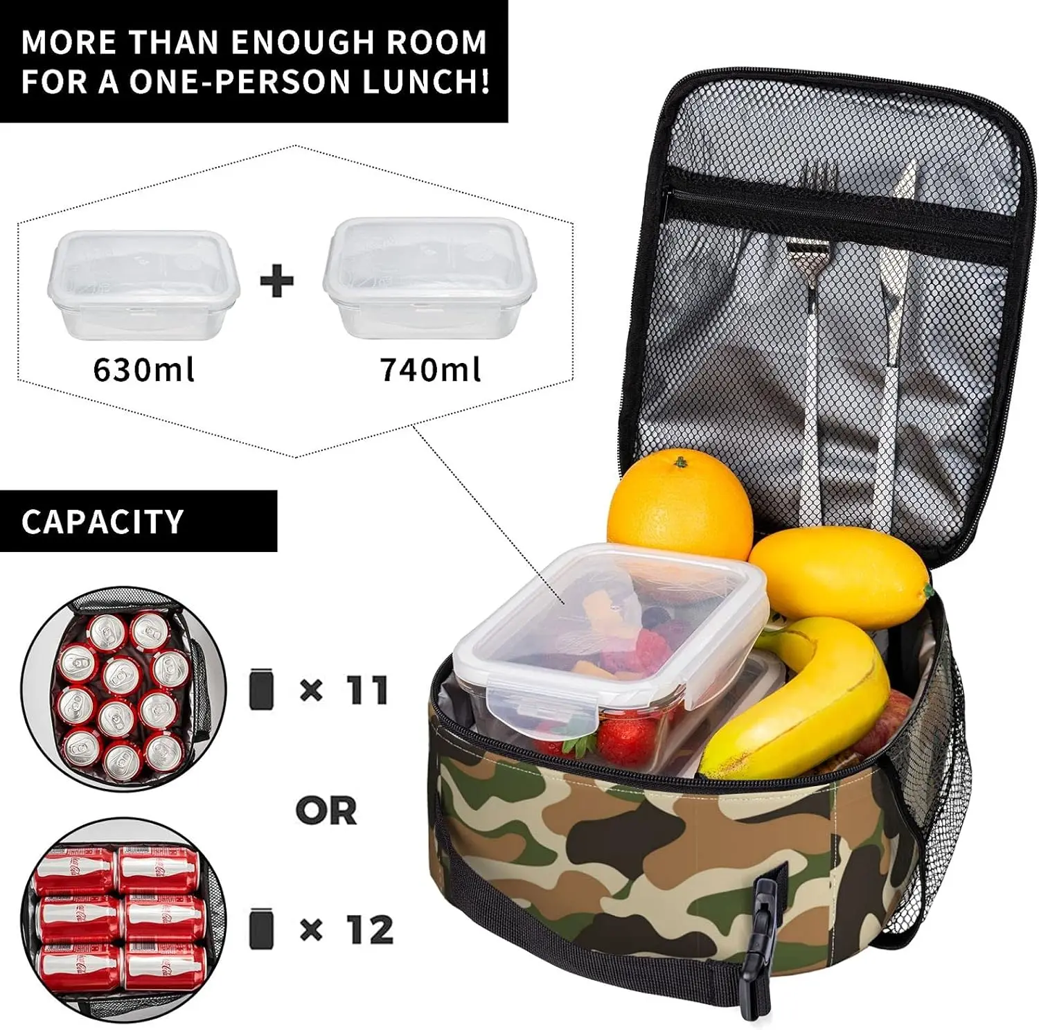 Green Camo Insulated Lunch Bag for Teen Boys Men, Reusable Leakproof Cooler Camouflage Lunch Box Bag for Kids School