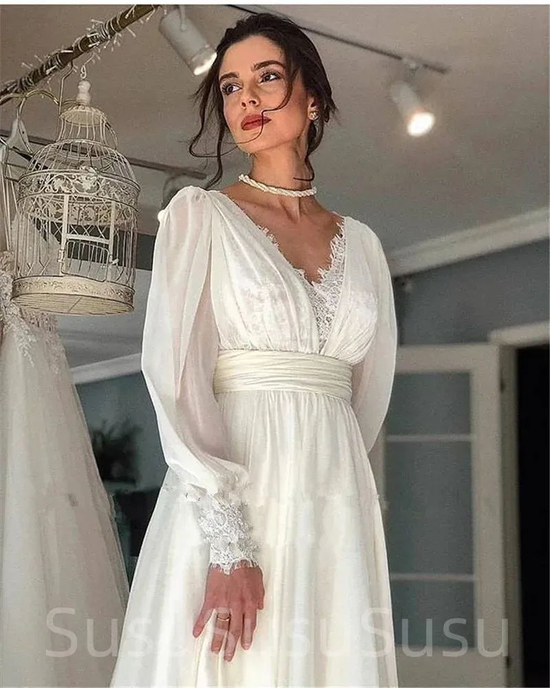 

Vintage Boho Lace Chiffon Wedding Dresses Puff Long Sleeves V Neck Bohemian Bride Gowns Floor Length Elegant Bridal Dress