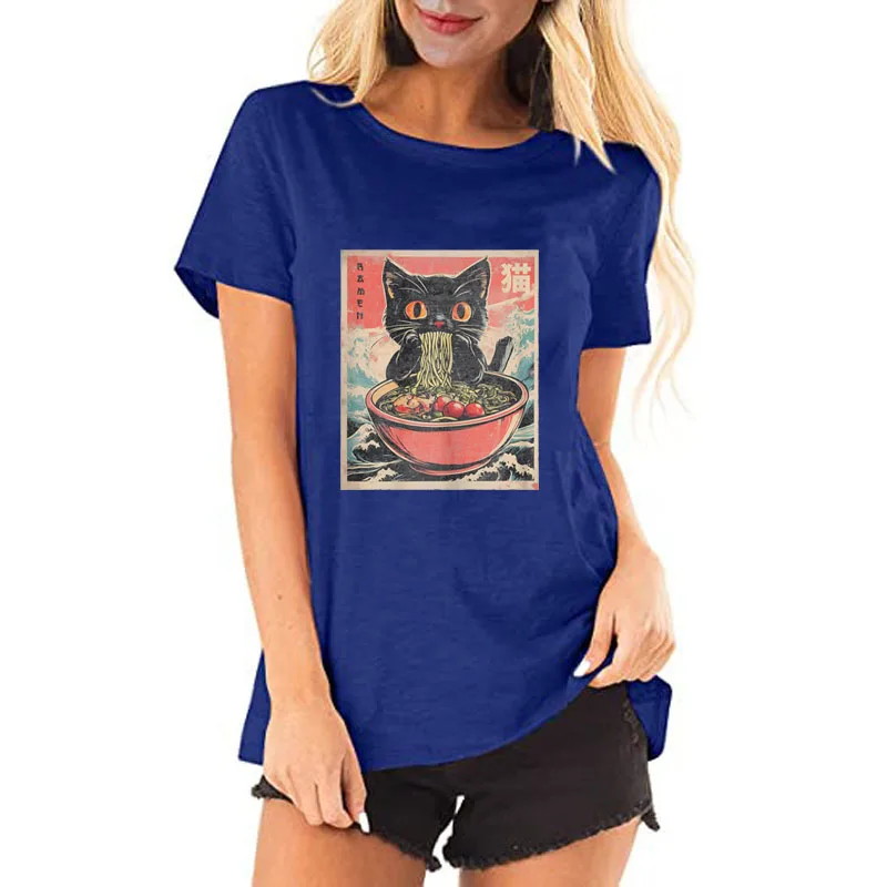 Cat Ramen Japanese Funny Graphic Tees Kawaii Cat Anime Gifts T-Shirt Girls Fashion Summer Clothes Cute Comics Tops Novelty Gift