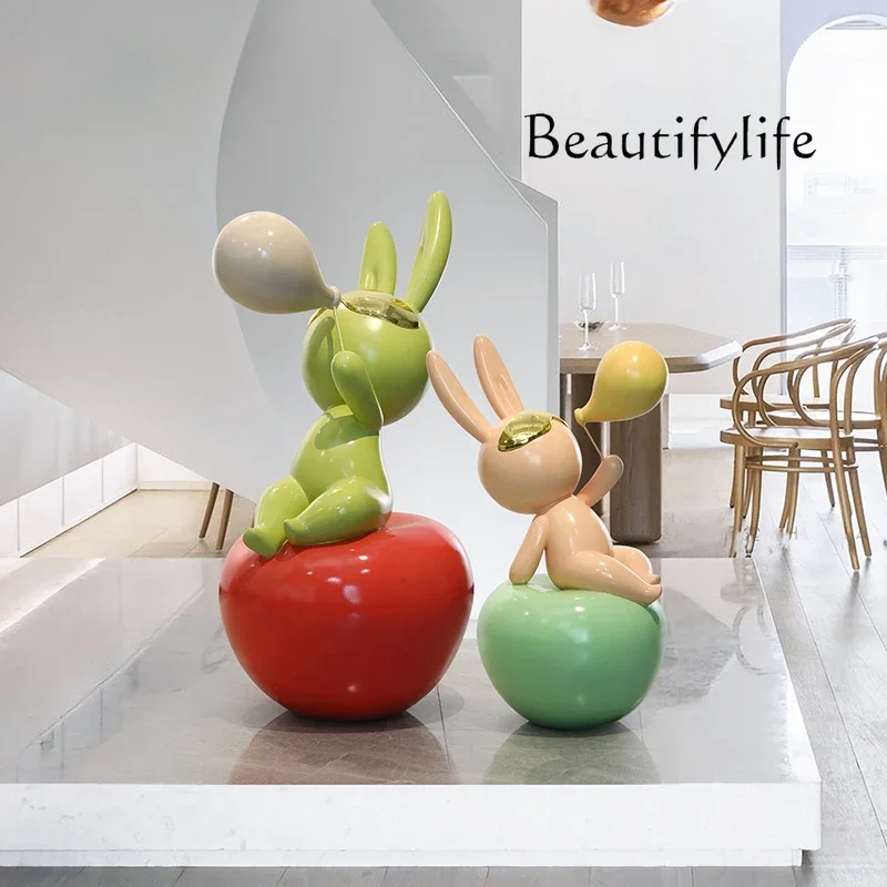 Nordic large cartoon apple rabbit art sculpture outdoor floor fiberglass art ornament