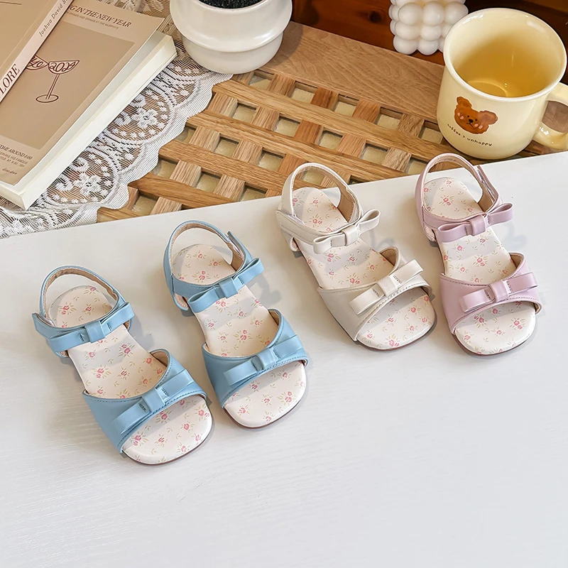 

Girl's Sandals Square Toe Floral Print Bow-adorned Comfy Children Summer Sandal Princess Flexiable Sole Light Kids Shoes 23-36