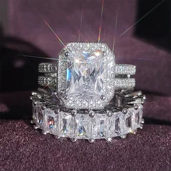 Hot Selling Luxury Princess Silver Color Bride Wedding Ring Set For Women Lady Anniversary Gift Jewelry Wholesale Moonso R6000