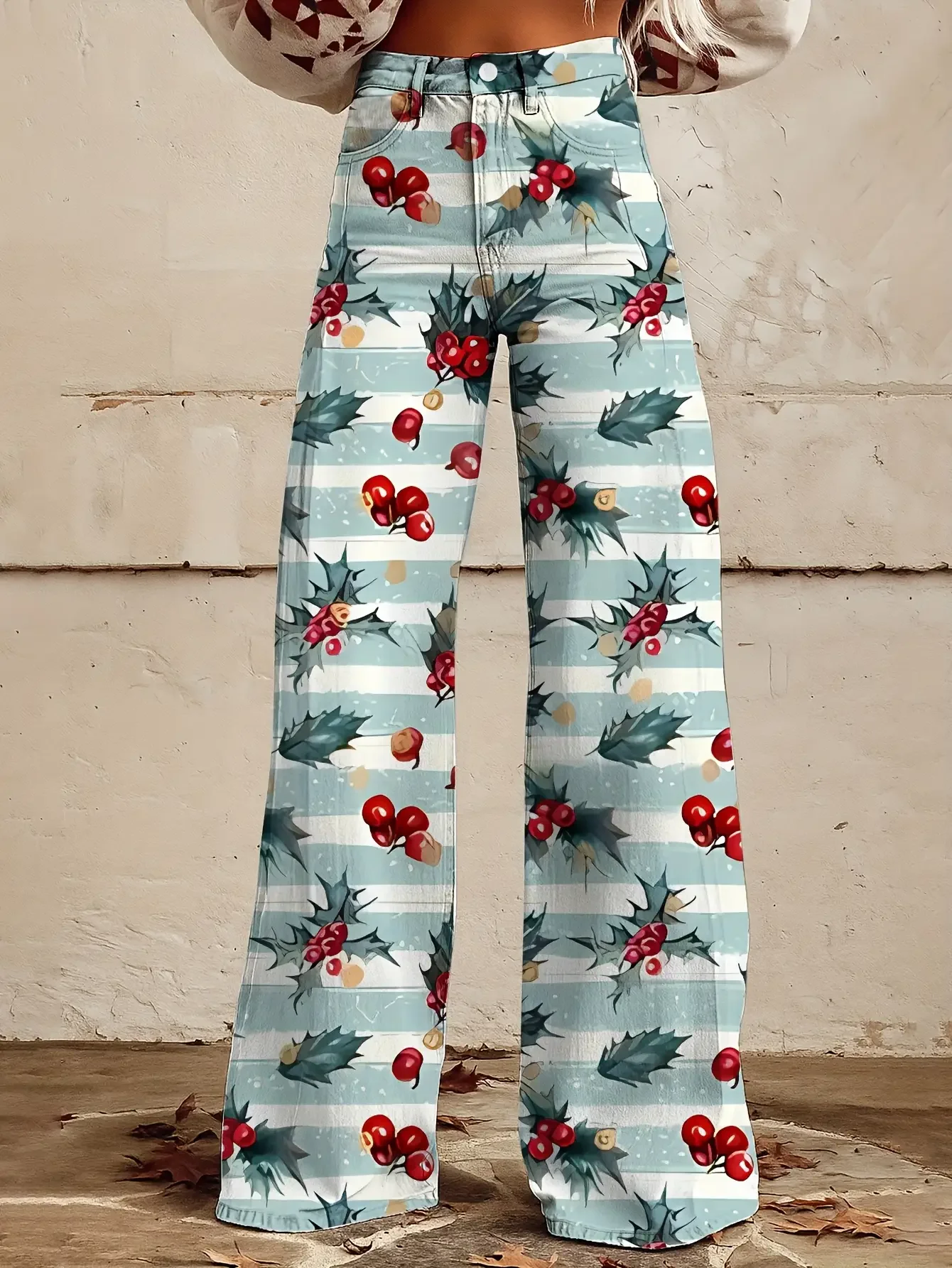 Ladies' imitation denim pants featuring Santa Claus, snowflakes, pine cones, and star patterns for autumn and winter