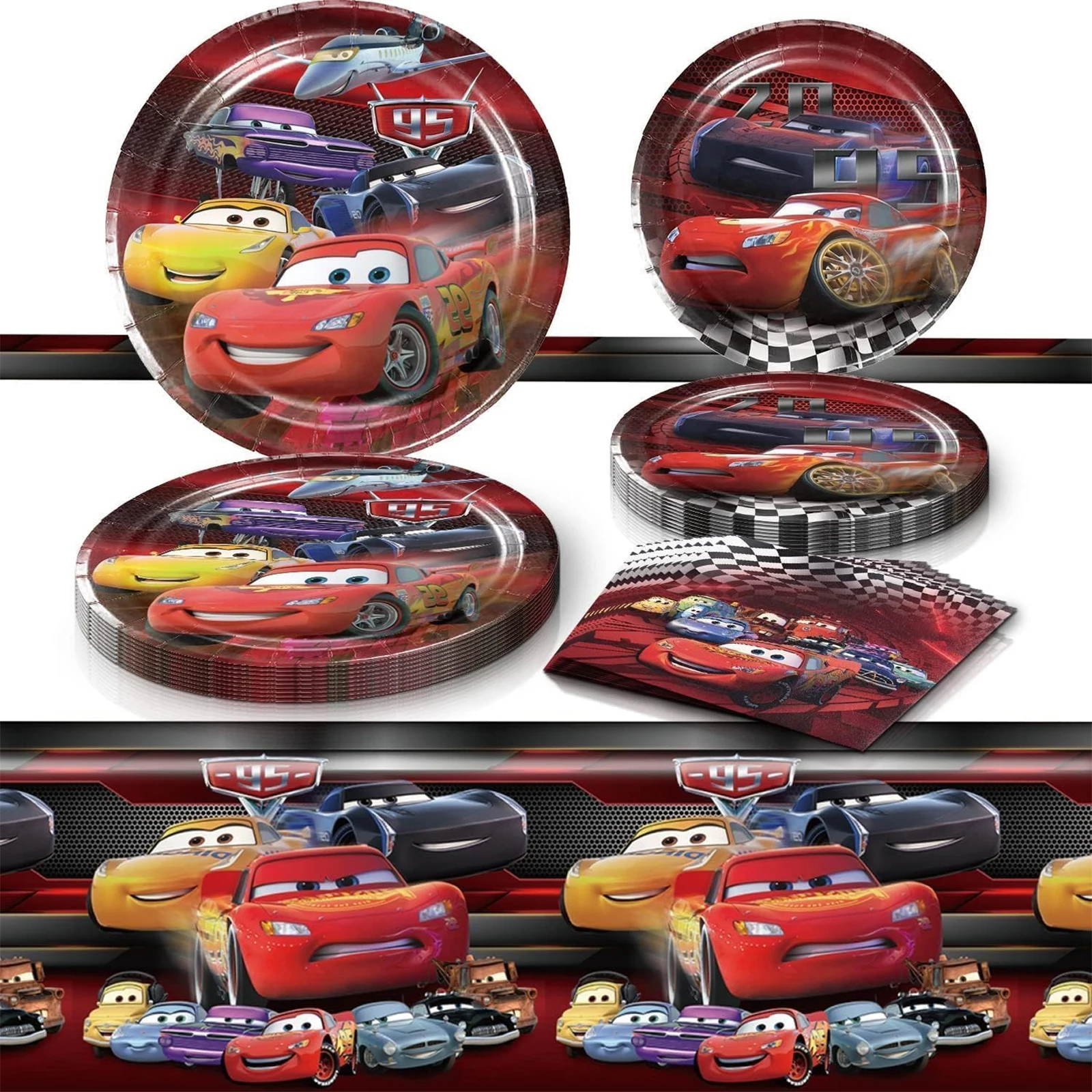 McQueen Birthday Party Paper Plates， Napkins and Tablecloth Set，Includes 40 PCS Paper Plates ，20 PCS Napkins ，1 Tablecloth