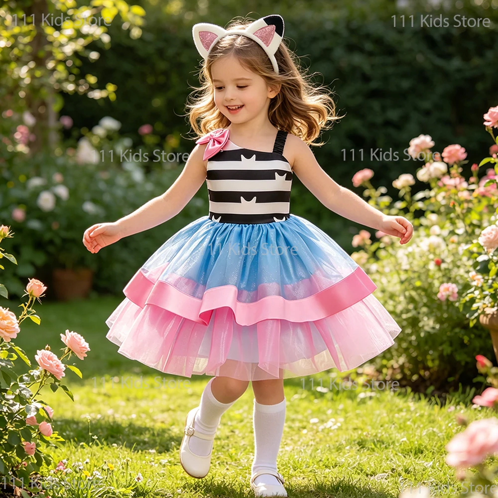 Girls Cartoon Doll Cosplay Costume with Headband Socks Carnival Children Perform Sleeveless Summer Princess Dress