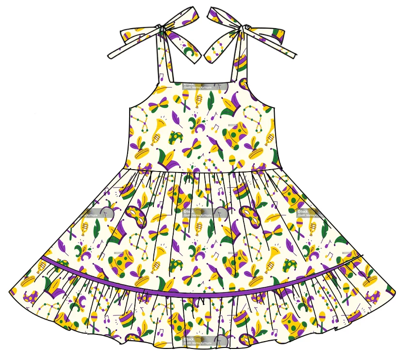 Hot Selling Girls Clothing Mardi Gras Boutique Children's Suits Suspender Bow Dress Girls Beads Cartoon Carnival Print Clothing