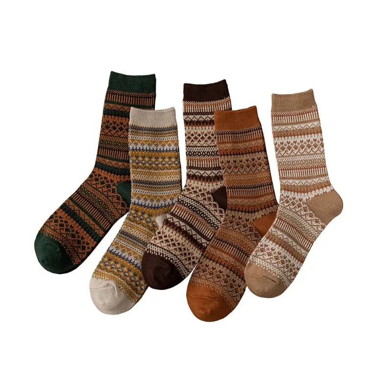 

1 Pair Women Socks Spring Autumn Retro Style Men Couple Cotton Socks National Wind Stripes Pattern Khaki Solid Color Socks