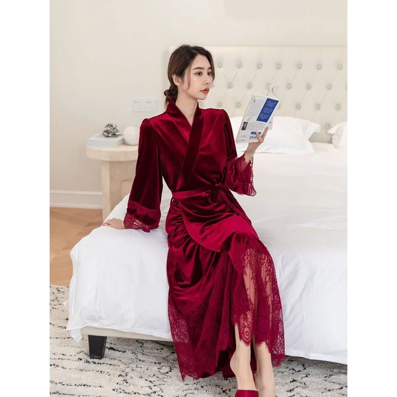 Long Sleeve V-neck Camisole Nightgown 2-piece Set Robe Solid Velvet Sleepwear Dress Wine Red Sexy Slit Lace Up Cardigan Pijama