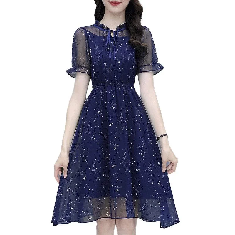 Elegant Ruffles Loose Folds Lace Up Bow Floral Dress Women\'s Clothing 2024 Summer New Short Sleeve Office Lady Mini R280