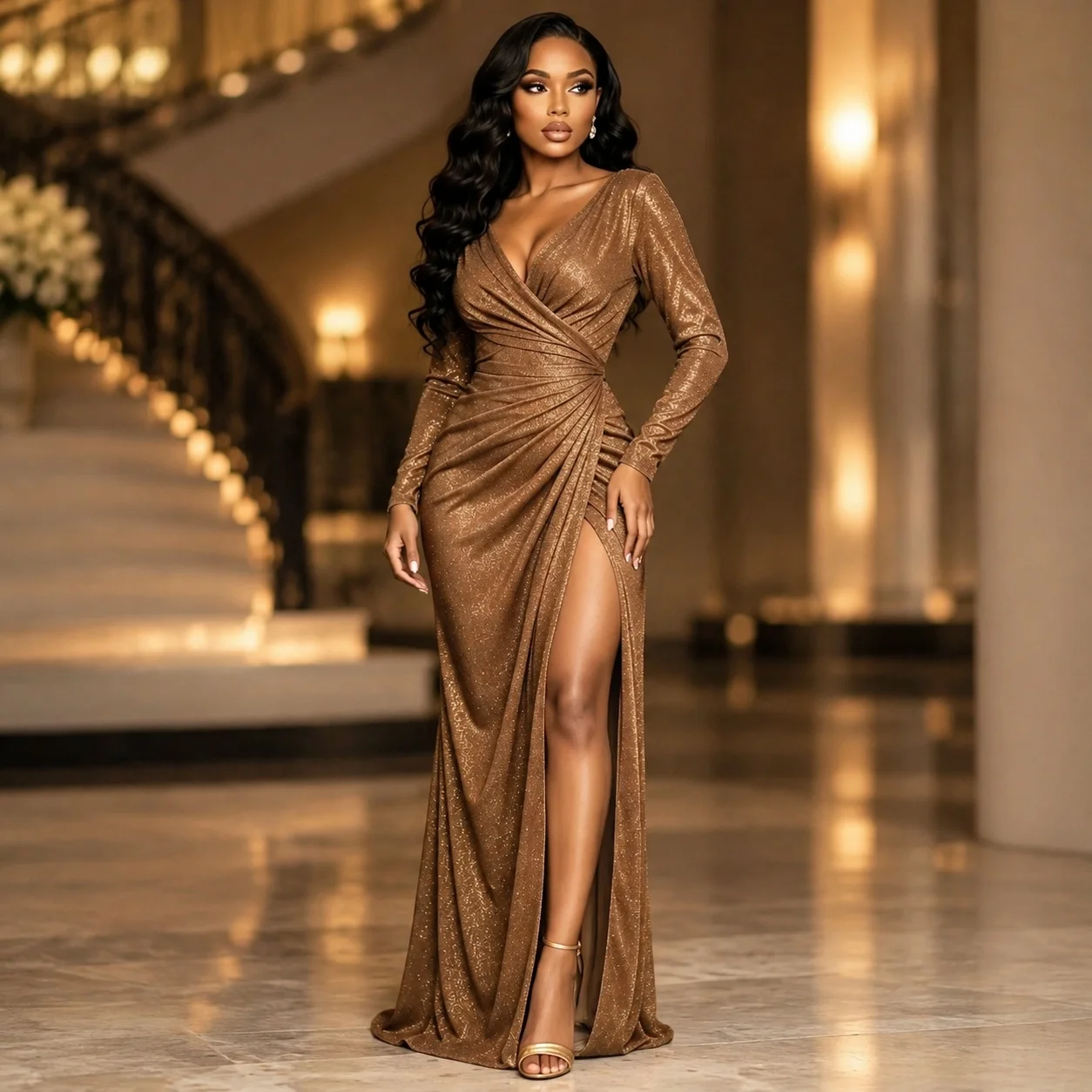 One Seam Gown with Maxi Length Sexy High Waist a Line Long Sleeve Slim Fit Off Shoulder Neckline Pleated Dress for Women