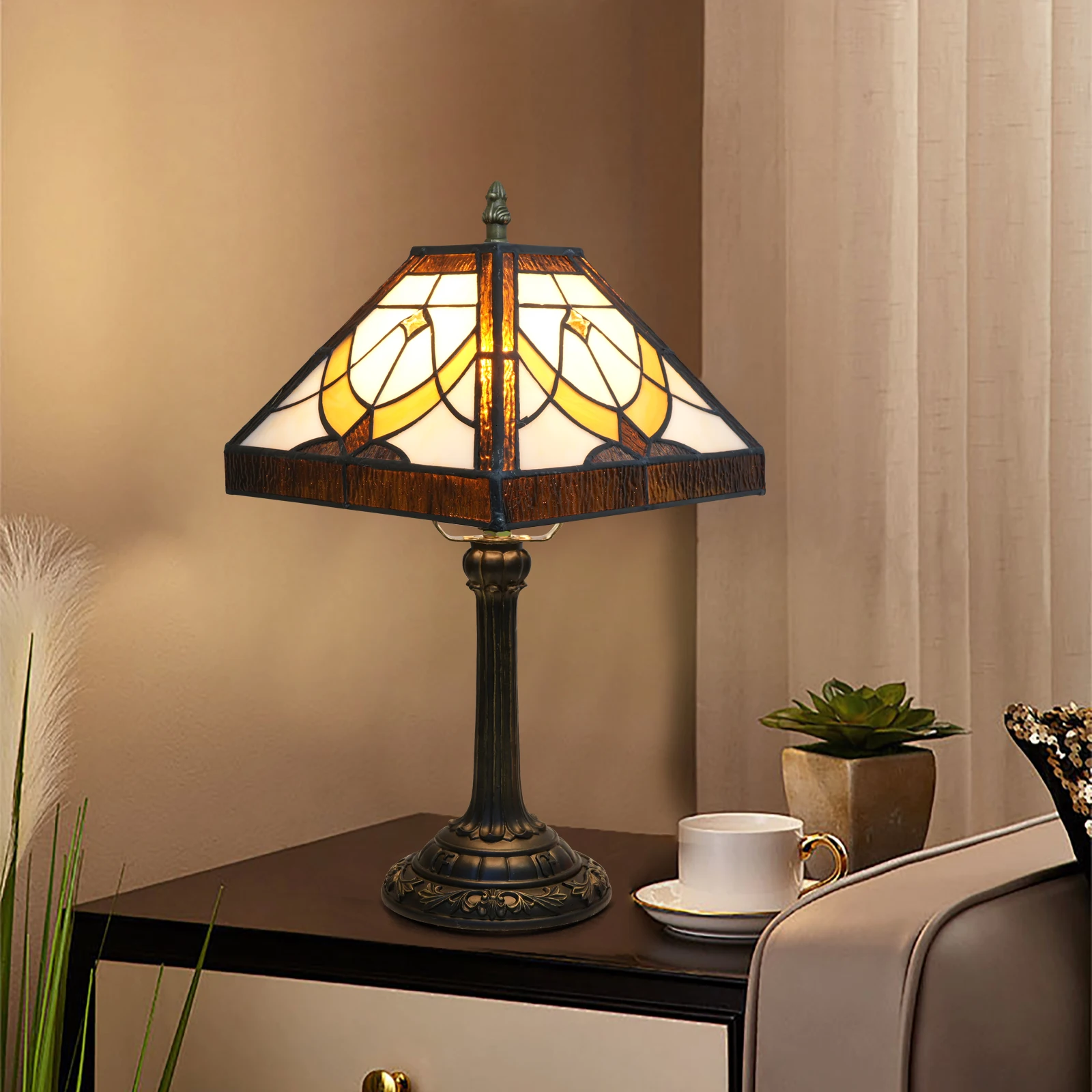 Mission Lamp Stained Glass Table Lamp 8 Inches Cream Color Style Desk Reading Light Decor for Home Office Bedroom Living Room