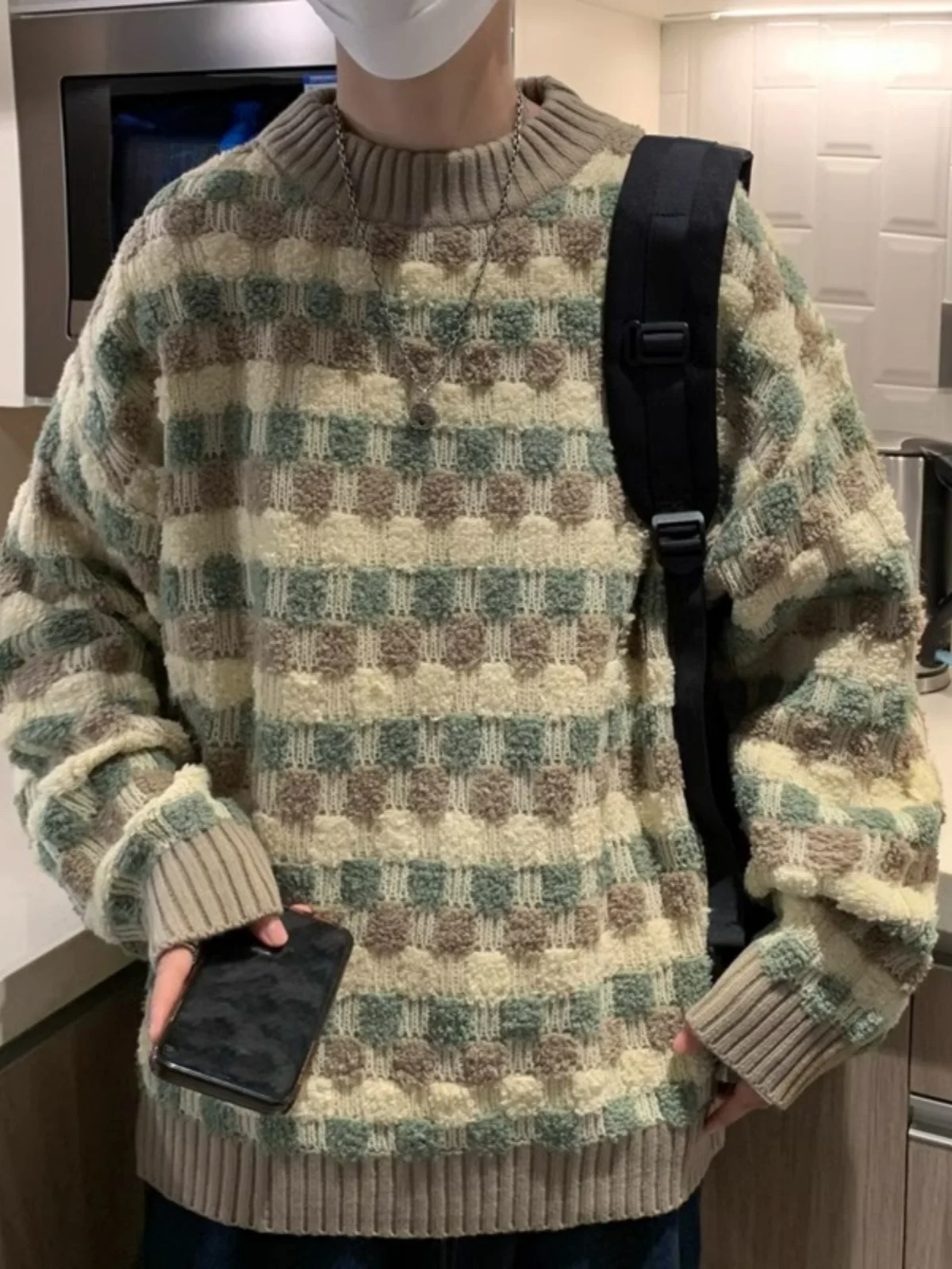 

Осень-зима клетчатый трикотаж мужской свободный персональный модный ретро INS брендовый корейский повседневный длинный светящийся круглый свитер Ne