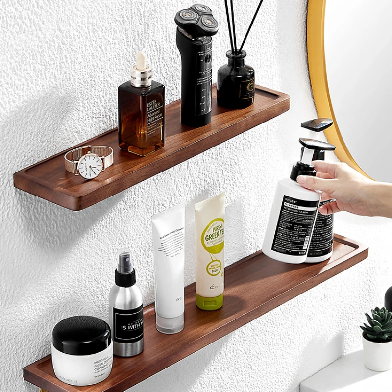 

Non-perforated mirror front shelf Walnut bathroom storage shelf wall hanging a word board solid wood partition.