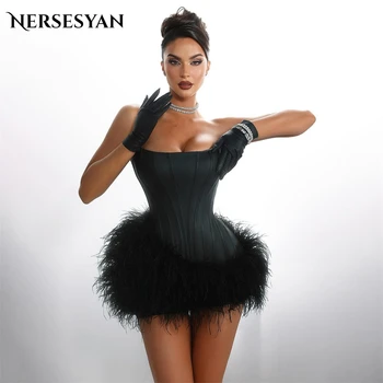Nersesyan sexy Mini solide Cocktail Party Kleider von der Schulter rücken frei über dem Knie Abendkleider Federn Ballkleid keine Handschuhe
