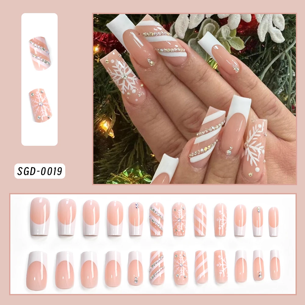 24 stuks lange ballet opdruknagels met vonkende strass steentjes winter witte sneeuwvlok ontwerp nepnagels Franse strepen kunstnagels *