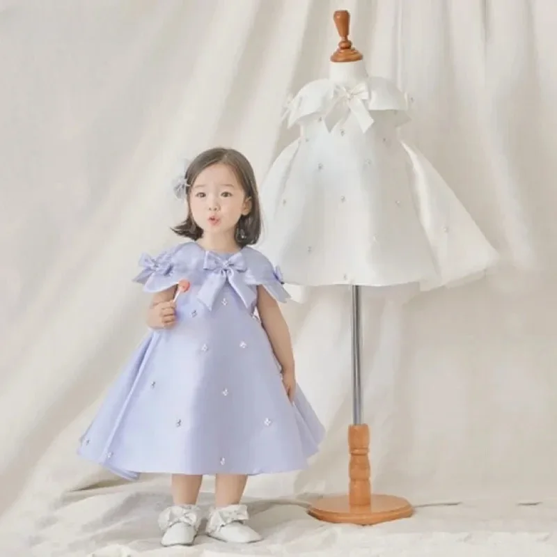 

Baby Girl PrincessVestido Bow Party Wedding Pageant Birthday Baby Clothes 1-14Y Dress Handmade Pearl Diamond Sleeveless Child