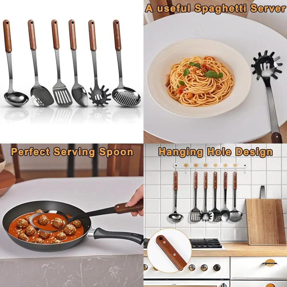 

Набор полированных кухонных принадлежностей из нержавеющей стали из 6 предметов с деревянными ручками, термостойкие инструменты для использования на кухне