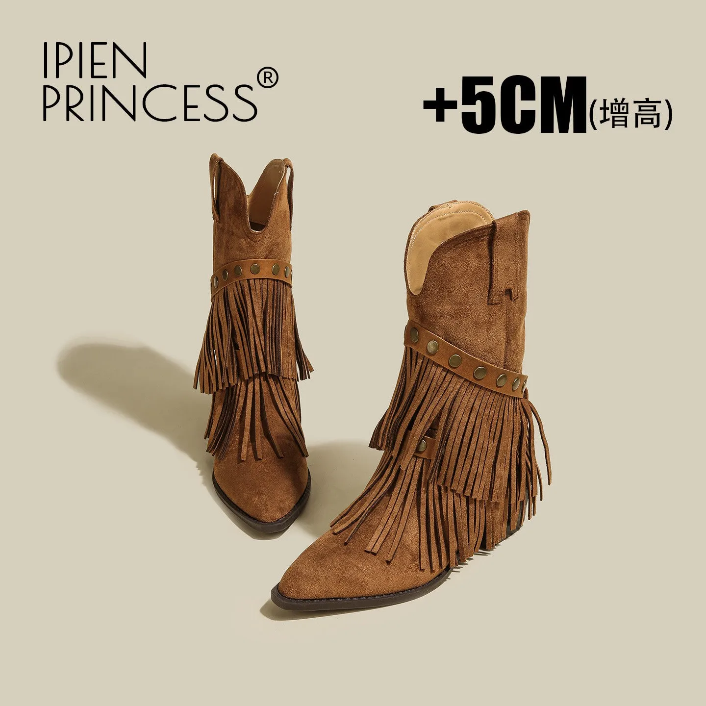 Brown Platform Western Boots 2026 Spring and Autumn New Mallard Pants-leg Boots,pointed Toe, Mid-calf, Chunky Heel, Knight Boots
