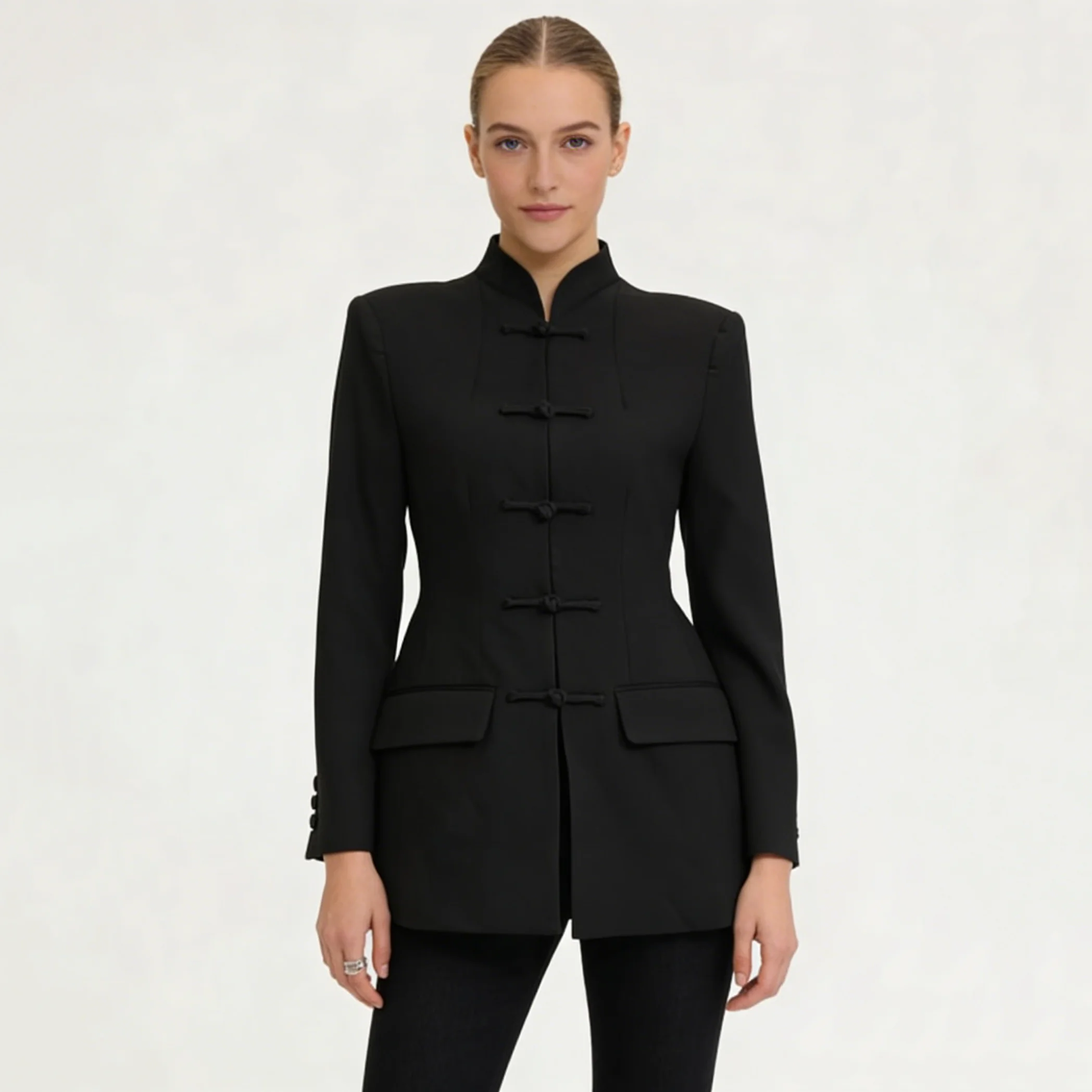 

CiCi Women Blazer Mandarin Collar Frog Button Closure Fitted Waist Long Sleeve Elegant Office Wear 2026 Spring Summer Fashion