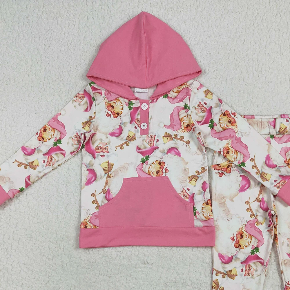 طقم ملابس بقلنسوة سانتا لعيد الميلاد الوردي للفتيات الصغيرات مع جيوب وزر وتفاصيل متطابقة للاحتفالات في العطلات