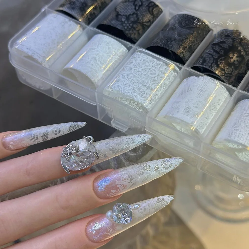 10 لفات النمط الياباني الأبيض الدانتيل مسمار نقل احباط ملصق الأزهار مخرمة الدانتيل نقل الأظافر احباط الشارات المياه الرخام مانيكير