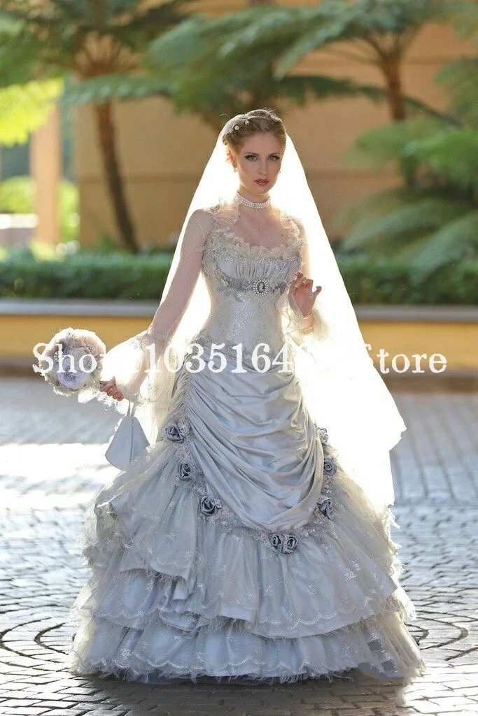 Medieval Victorian Wedding Dresses Silver Vintage Corset Laced Floral Appliques A-Line Long Gothic Masquerade Customized
