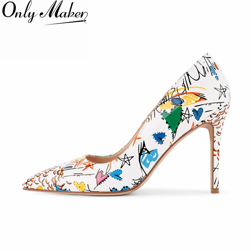 Onlymaker Women Pointed Toe Colorful Graffiti Print Stiletto Pumps Patent Leather  10CM Thin High Heel Party Dress Daily Pumps