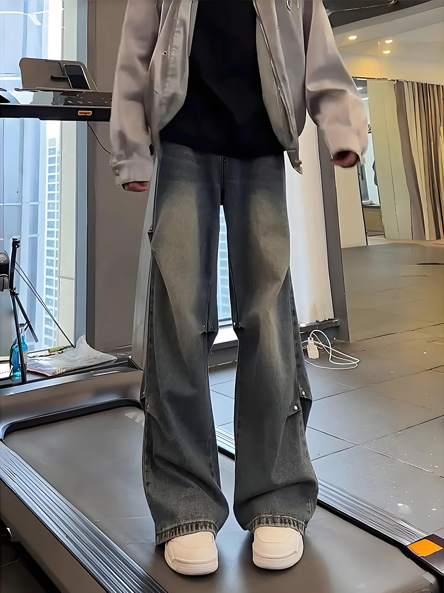 

Retro Blue Pleated Rivet Men's Straight Leg Jeans Spring Cleanfit Pants American Design Workwear Trousers Youth Faion