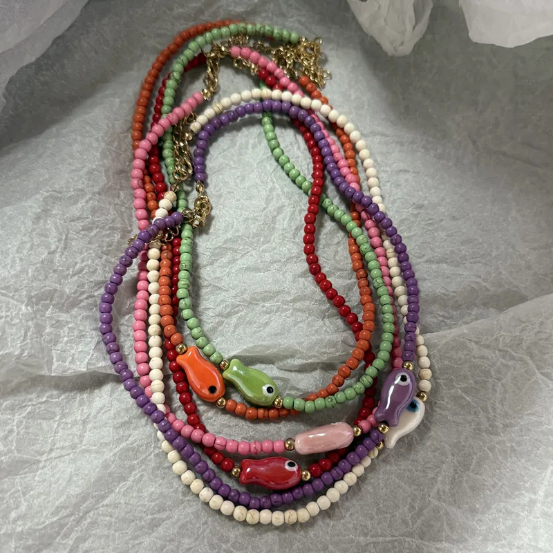 Handmade Ceramic Fish Beaded Choker Necklace