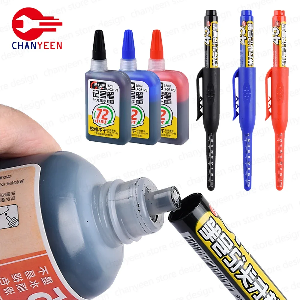 

45mm Deep Hole Marker Pens Long Nib Head Carpenter Pen Black/Blue/Red Ink Waterproof for Measuring Woodworking Hand Tools Knife