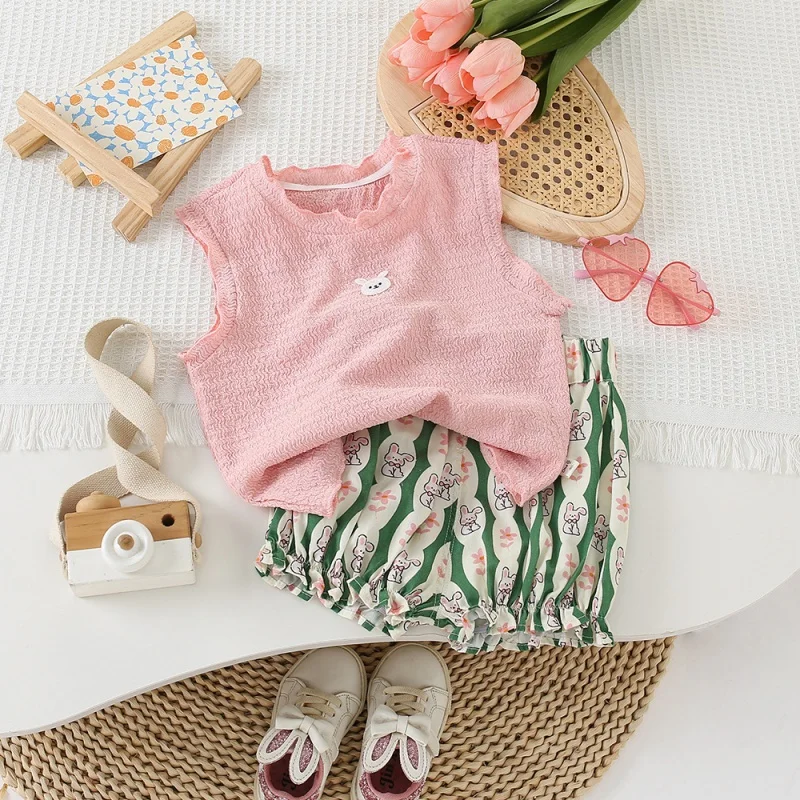 

Korean Style Summer New Suit Women's Baby Western Style Sweet Cartoon Embroidered Bunny Vest Top Shirt Flower Brace Pants-KXKM