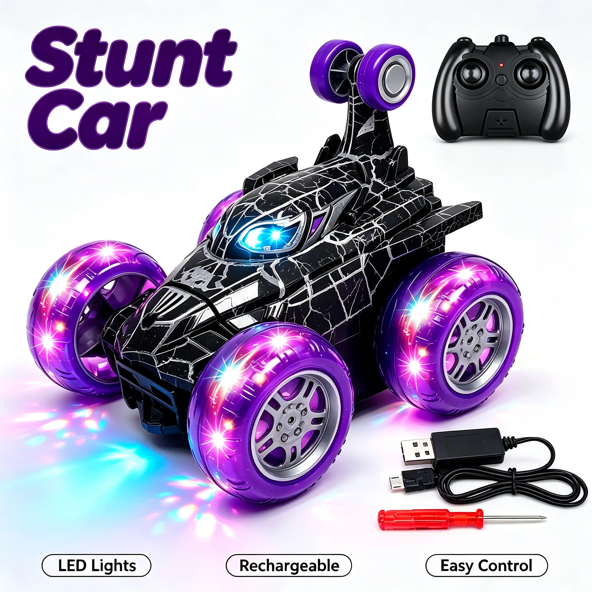 Cool Spider 2.4G Light RC Truck, Black Crack Texture, 360° Stunt Flip Car, Durable Electric Interactive Toy, Ideal Gift for Boys