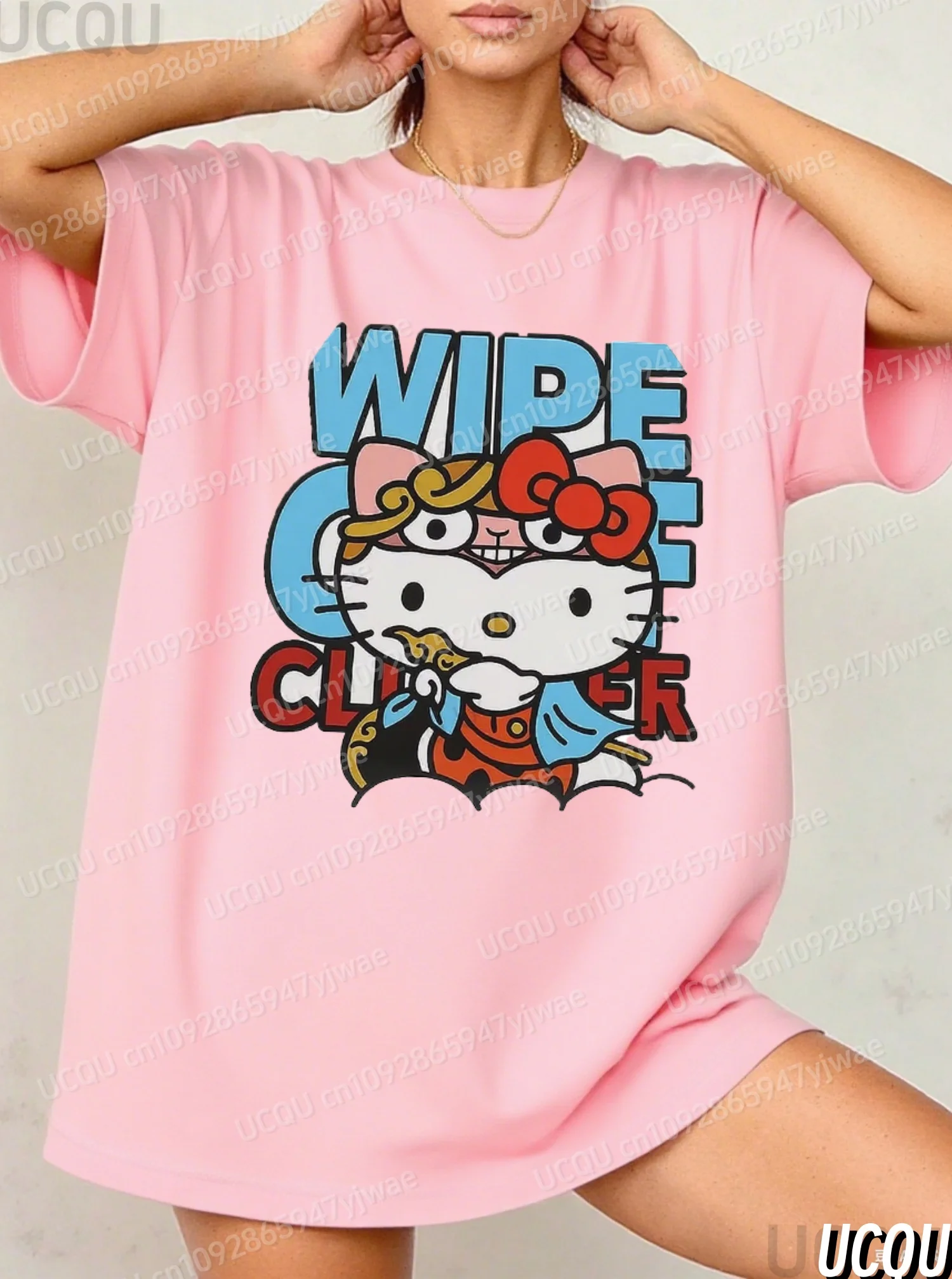 

Летняя женская футболка из хлопка HELLO KITTY с принтом, футболка с круглым вырезом из дышащего материала, повседневный модный женский топ с короткими рукавами