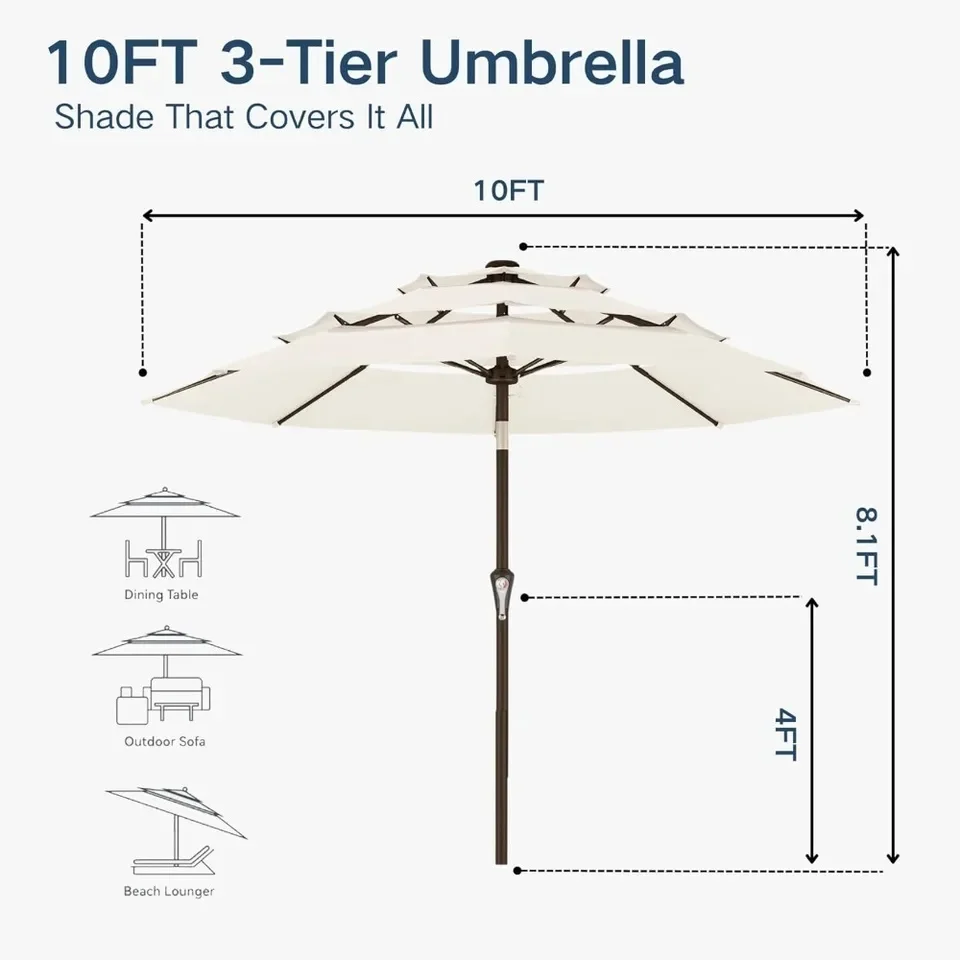 10FT 3-Tier Outdoor Patio Umbrella Tilt Tilt Adjustment 8 Ribs 2000-3000mm Waterproof Customizable For Beach Garden Backyard Use