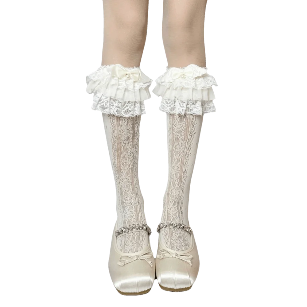 1 Pair Kawaii Milk White Lace Knee Socks Multi Layer Lace Cotton Silk Calf Socks Bow Long Cotton Socks Lolita