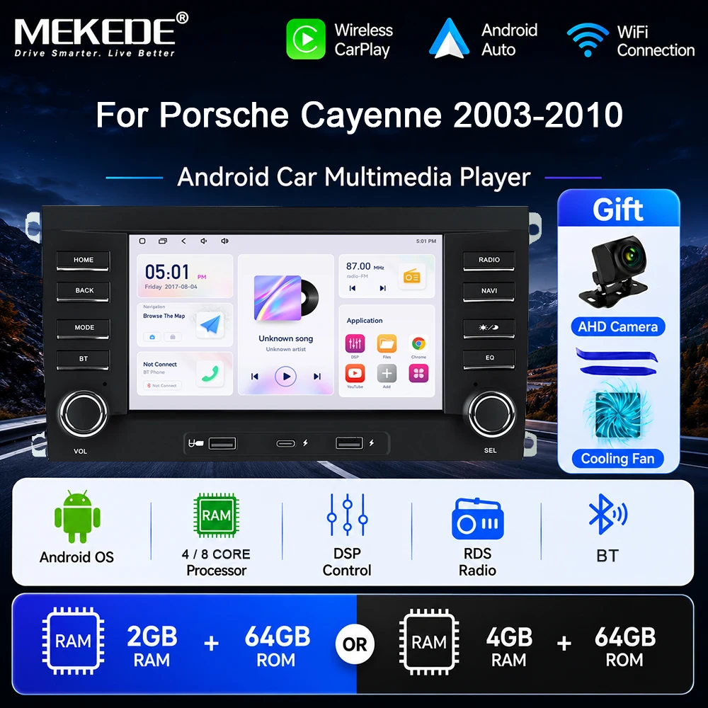 MEKEDE, lettore multimediale per auto con schermo da 7 pollici, compatibile con Carplay e Android Auto, dotato di GPS e radio, per Porsche Cayenne 955 957 9PA, modelli 2002-2010, con RDS, FM, USB,